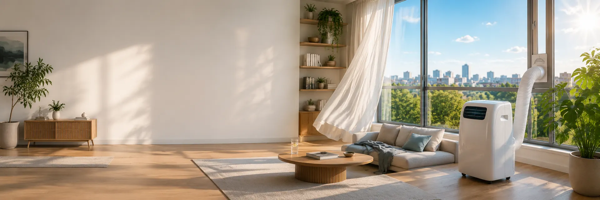 Wohnraum mit einer mobilen Klimaanlage am Fenster